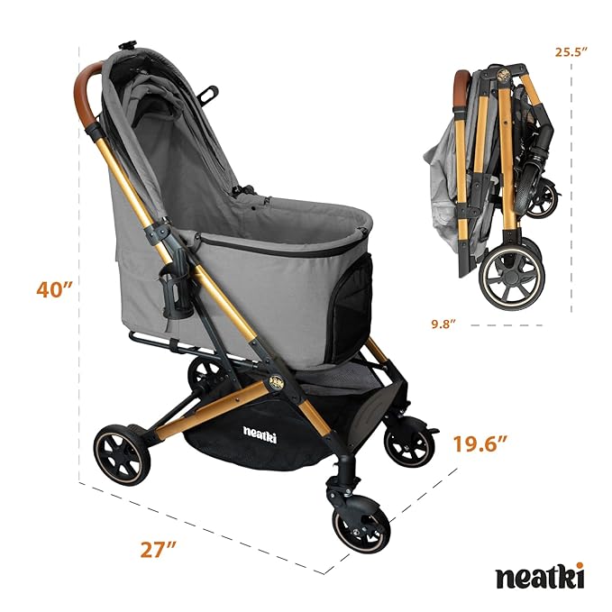 Foldable Pet Stroller for Dogs and Cats, 33 lbs Capacity, 360° Swivel Front Wheels, One-Click Fold, Brake System, Leash & Lock Clips, Removable Washable Padding, and Cup Holder (Gray, 33 lbs)