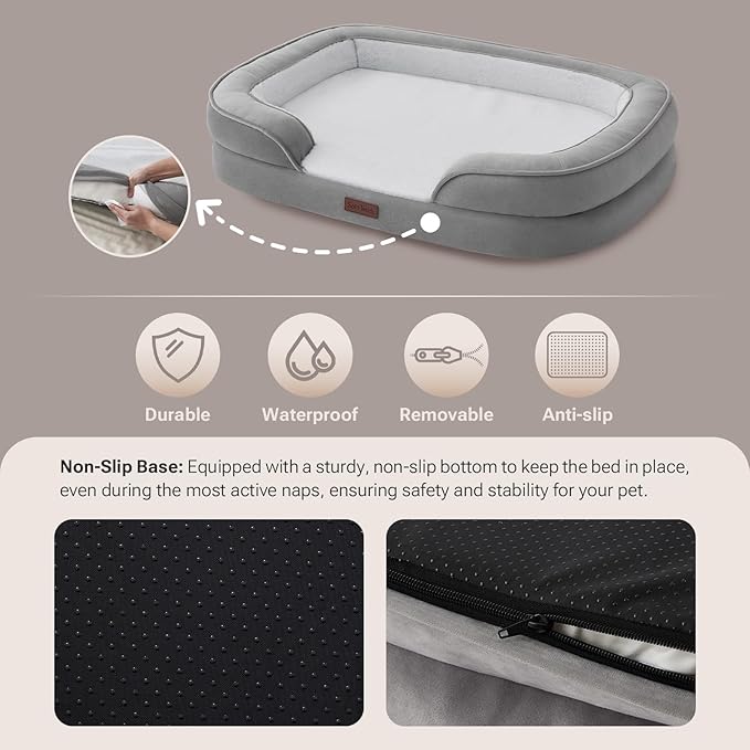 Soft Touch Orthopedic Dog Bed for Medium Dogs with Faux Fur Top, Waterproof Pet Couch Bed with Removable Washable Cover and Supportive Foam Filling (Grey, Medium)
