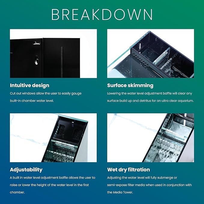 Ultum Nature Systems Dual AIO - Freshwater/Saltwater Compatible All in One Rimless Tank with Triple Chamber Filtration System, Integrated Filter Aquarium w/Leveling Mat - 17 Gallon, 40A, Black