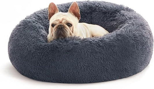 Love's cabin Calming Cat Bed for Indoor Cats,Anti-Anxiety Donut Round Dog Bed,Fluffy Faux Fur Washable Pet Bed for Small Medium Dogs and Cats,Bluish Grey,24in