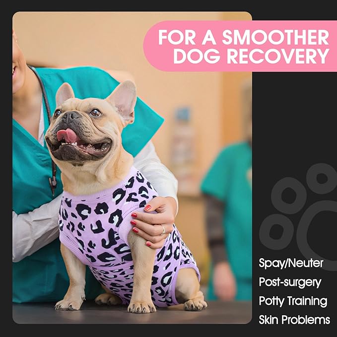 FUAMEY Recovery Suit for Dogs After Surgery,Soft Breathable Dog Bodysuit E-Collar & Cone Alternative Surgical Suit,Male Female Dog Neuter Spay Suits Anti Licking Wounds Onesie Purple Leopard L