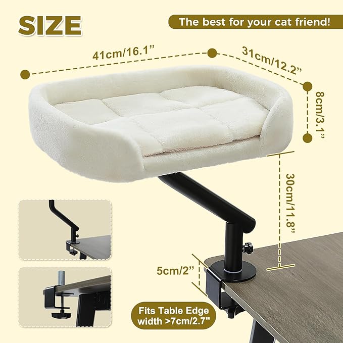 PAWZ Road Cat Desk Bed for Indoor Cats, Cat Bed for Desk Supports Up to 50 lbs, 360° Rotation & Adjustable, Nest Desktop Attachment Cats Hammock for Table, White