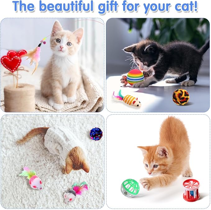 Wettarn 22 Pieces Cat Toys Set, with 2 Collapsible Tunnels for Indoor Cats and 20 Kitten Toys Tubes and Tunnels Interactive Feather Mouse Crinkle Balls for Pets Puppies(White)