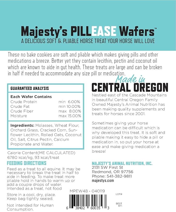 Majesty's PillEase Horse Treats | A Delicious Soft and Pliable No Bake Cookie Horse Treat | Makes Giving Pills & Medication Easy | Made in The USA - 48 Wafers