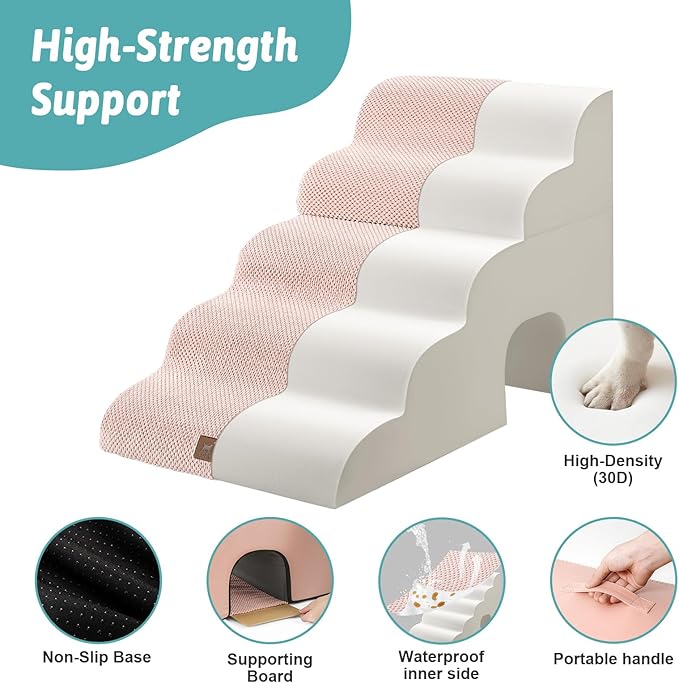 Extra Wide Dog Stairs with Tunnel, Detachable Large Pet Step for Small Medium Dog, Puppy or Cat, Ramp for High Bed, Couch, Sofa or Car, Stable, 19.7x33x22.4 inch, 5 Step, Pink