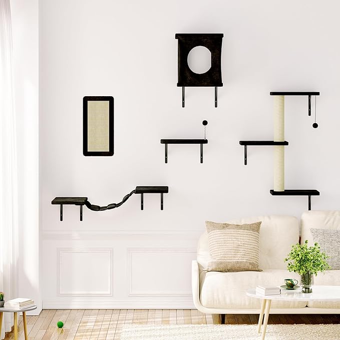 NUNU LAB Cat Wall Shelves, 10-in-1 Wall-Mounted Cat Furniture Set, Large Cat Climber Set with House, Bridge, Steps, Scratcher, DIY Playground, Shelves for Indoor Wall Furniture Set - Black