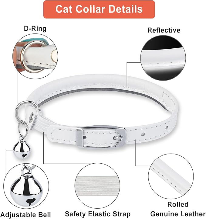 OOPSDOGGY Rolled Leather Cat Collar with Bell, Reflective Kitten Collars with Buckle Include Safety Elastic Strap - Adjustable Small Pet Collars for Boy Girl Cats (White)