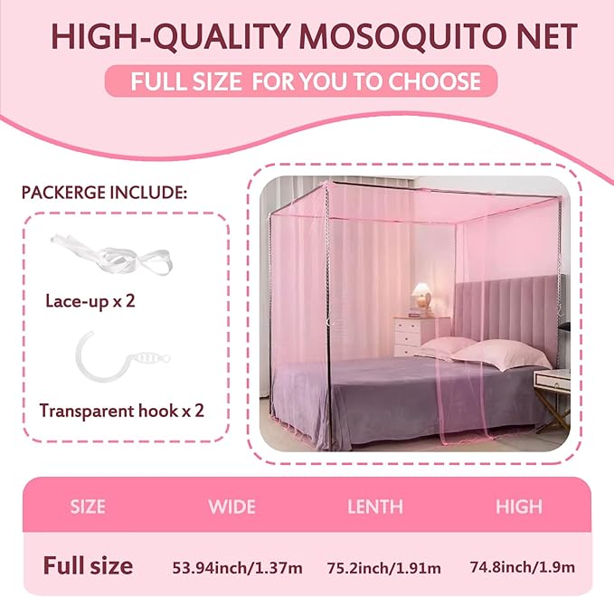4 Corners Pink Full Size Mosquito Net for Bed Mosquiteros para Camas Bed Netting Canopy Mosquito Mesh for Camping Outdoor Travel Dormitory Home Bedroom Decor L75 X W54 X H75 Inch