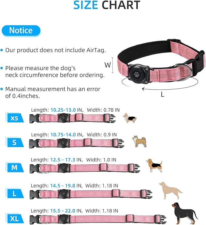 Upgraded AirTag Dog Collar, IP68 Waterproof Air Tag Dog Collar Holder, Reflective, Ultra-Durable, Comfortable Padded, Heavy Duty Dog Collars for Small Medium Large Dogs (XL (15.6"-22"), Pink)