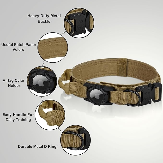 Tactical AirTag Dog Collar - Heavy Duty, Adjustable GPS Collar Compatible with Apple AirTag, with Holder & Control Handle for Medium/Large Dogs [ Brown, XL ]