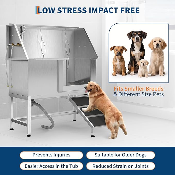 50" Stainless Steel Professional Dog Washing Station - Pet Bathing Tub w/Non-Slip Ramps | Slip-Resistant Floor Grate | for Large/Medium/Small Dogs