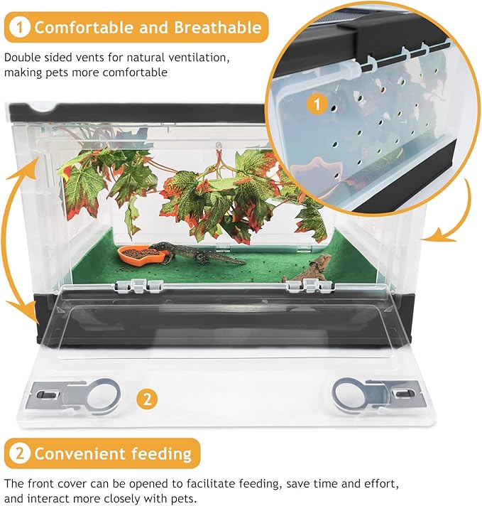 Foldable Reptile Terrariums Kits with Plant, Feeding Bowl, Carpet, Easy to Carry, Easy to Move with Wheels, Heat-Resistant Material, Suitable for Lizard Tortoise Leopard Gecko (Black)