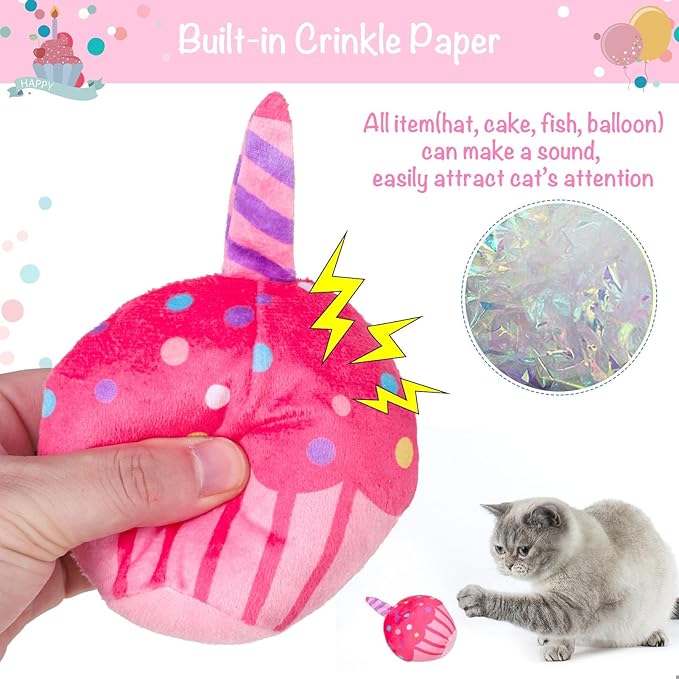 BINGPET Catnip Toys for Indoor Cats, Cat Birthday Hat and Interactive Plush Kitten Chew Toys - Cute Cake, Fish, Balloon Toys with Crinkle Paper and Catnip Inside Pink