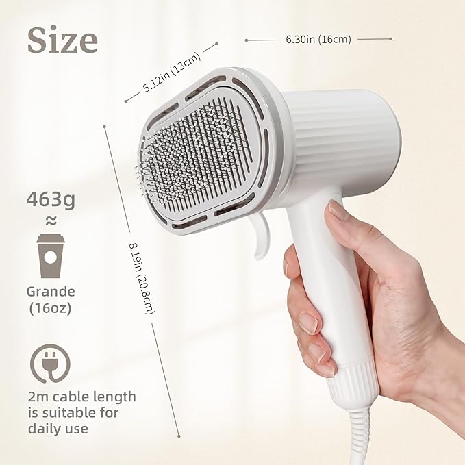 Dog Hair Dryer, Professional 2-in-1 Pet Hair Dryer & Grooming Brush with Removable Comb, Adjustable Temperature/Speed, Portable Dryer for Dogs and Cats