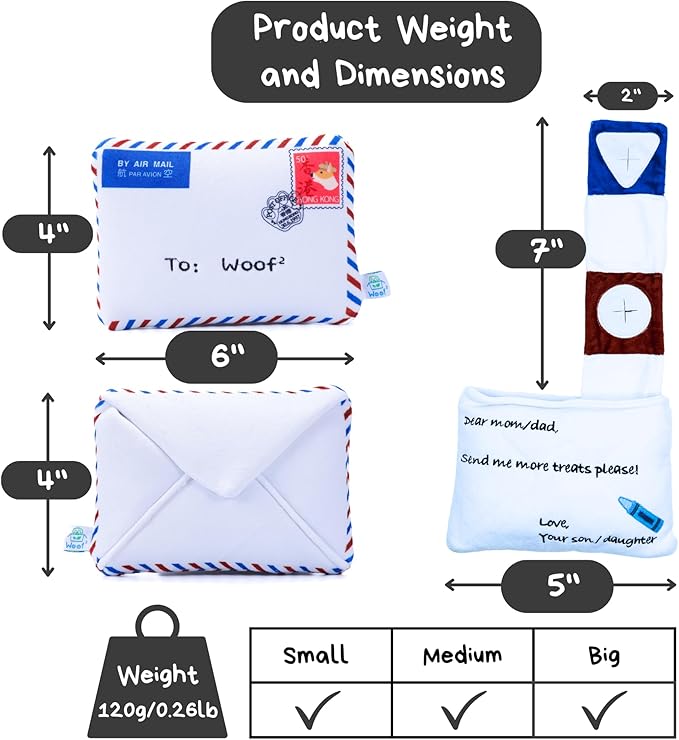 Hong Kong Airmail Soft Plush Nose-Work Squeaky Dog Toy - Durable & Cute 2-in-1 Envelope & Letter for Interactive Play, Extendable Cloth to Hide Food for Puzzle Fun, Small Medium Dogs