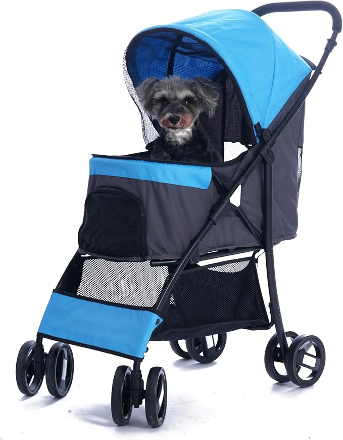 Sunny Sonny Foldable Jogger Pet Stroller with Weather Cover Storage Basket Pet Travel Carrier for S/M Dogs Cats up to 33lbs (Blue)