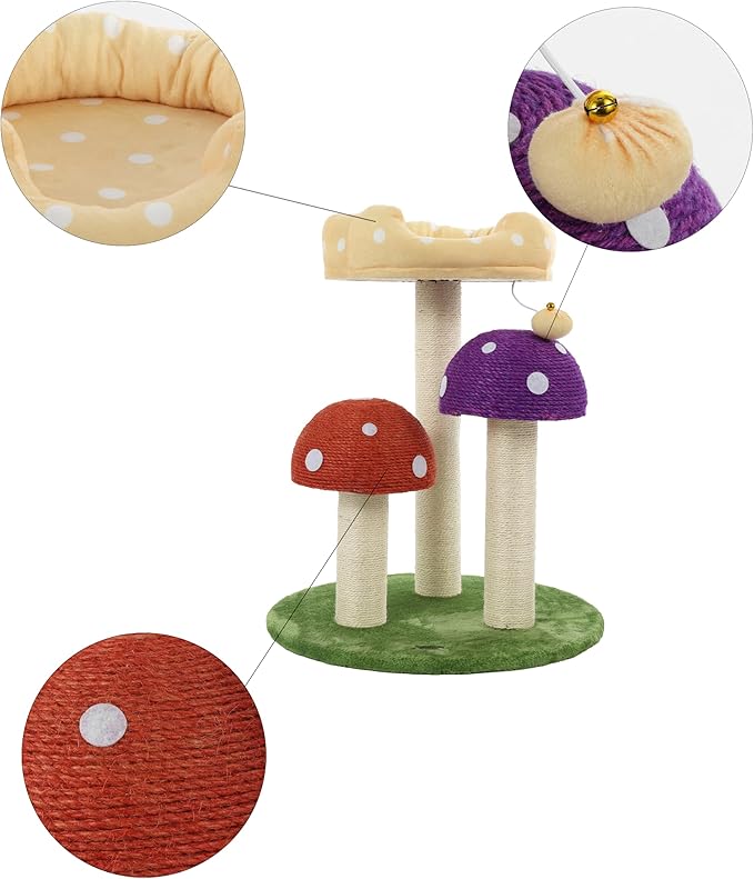 CTR1001A Pixie 22.5" 3-Tier Cottage Sisal Mushroom Cat Tree with Scratching Posts, Napping Perch, and Dangling Bell Toy, Multi