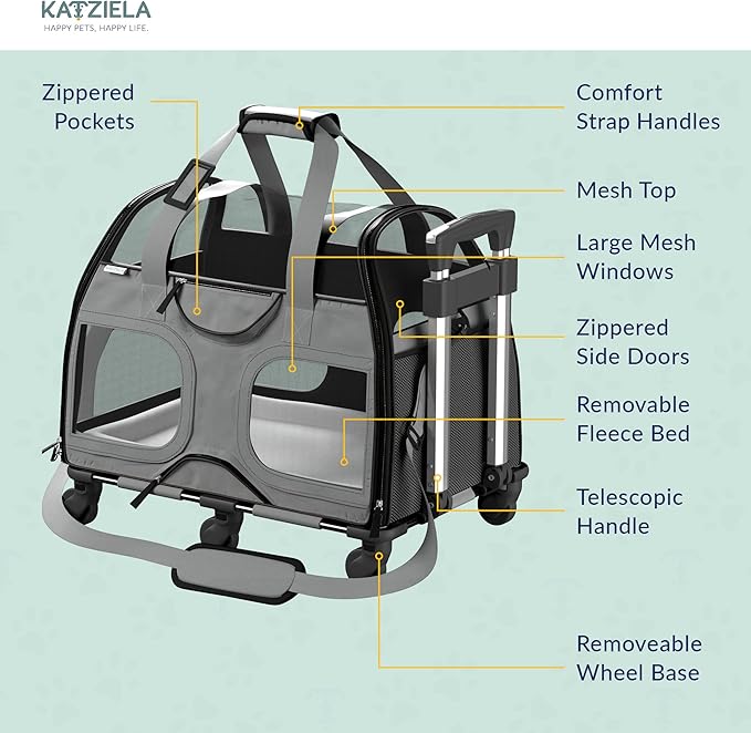 Katziela Pet Carrier - Airline Compliant Dog TSA for Small Dogs and Cats Soft FAA Travel Airplane Luggage (Gray/Black)