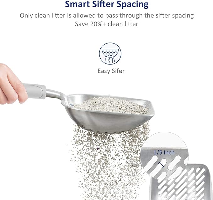 WePet Cat Litter Scoop, Aluminum Alloy Sifter, Kitty Metal Scooper, Deep Shovel with Diagonal Sifting Hole, Long Handle, Kitten Poop Lifter for Litter Box, Large Size, Grey Handle
