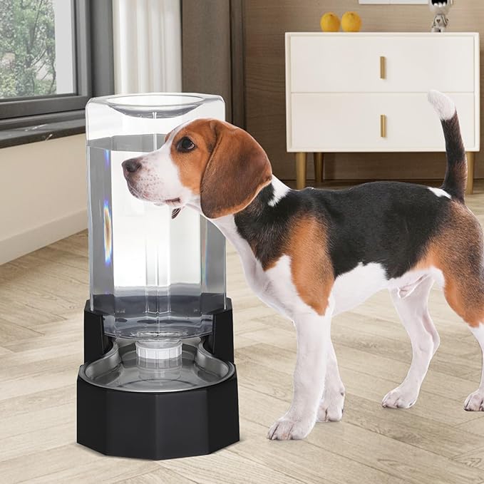 Sfozstra Large Dog Water Dispenser: 8L Automatic Black Water Feeder with Stainless Steel Bowl - Without Filter - Gravity Design for Multiple Pets Indoor/Outdoor