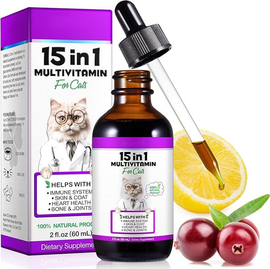 Cat Multivitamin, 15 in 1 Cat Vitamins Liquid Drops, Supports Immune Health, Promotes Joint, Skin and Coat Health, Cats Vitamin and Supplements with Glucosamine & Cranberry 2 fl oz