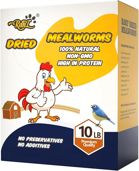 RANZ 10LBS Non-GMO Dried Mealworms for Chickens, High Protein Meal Worms, Premium Chicken Feed, Perfect Bird Food and Chicken Treats, Whole Large Mealworms for Wild Birds, Ducks, Fish