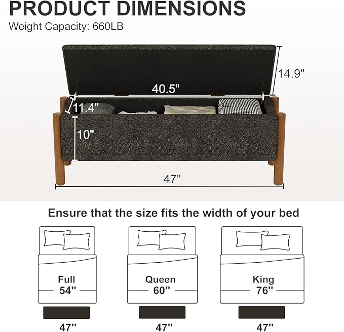 Storage Ottoman Bench, End of Bed Bench for Bedroom, 47" Boucle Upholstered Entryway Shoe Seat Benchs, Holds up to 660 lb Storage Ottoman, Padded Blanket Chest Stool Foot Rest for Living Room Grey