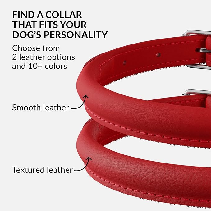 CollarDirect Rolled Leather Dog Collar, Soft Padded Round Puppy Collar, Handmade Genuine Leather Collar Dog Small Large Cat Collars 13 Colors (6-7 Inch, Red Smooth)