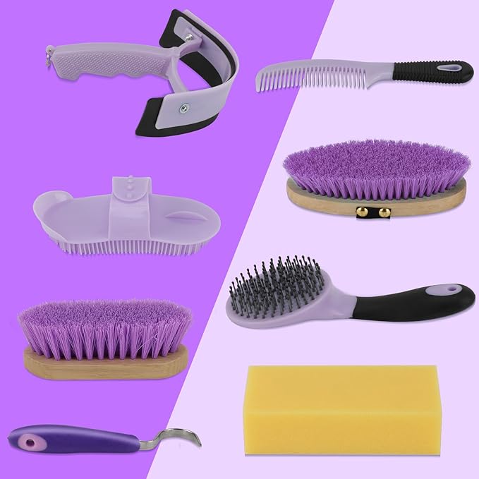 9 Pieces Grooming Kit with Tote Bag, Sweat Scraper, Sponge, Hoof Pick, Curry Comb for Horse Riders Beginners (Purple)