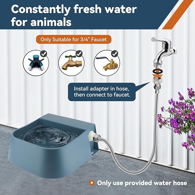Dog Automatic Water Bowl for 3/4” GHT Male Faucet, 2L Outdoor Auto Fill Water Dispenser with 5ft Water Hose
