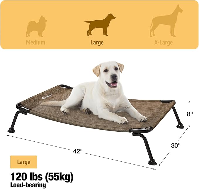 Veehoo Outdoor Elevated Dog Bed, Cooling Raised Dog Cots Beds for Large Dogs, Portable Waterproof Curved Dogs Hammock Bed for Outside, up to 120lbs, Black Legs, Brown 42"