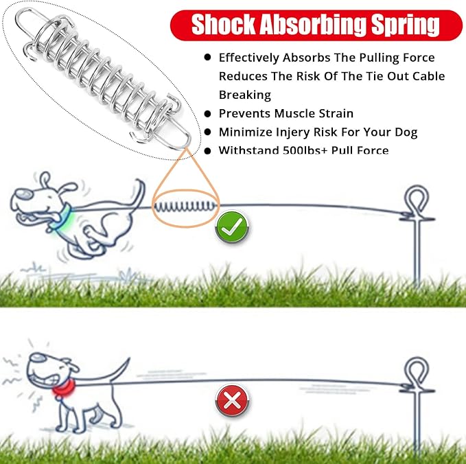 Jenico Dog Tie Out Cable, 10-150FT Runner Cable with Swivel Hook and Shock Spring, Yard and Camping Dog Leash Tether for Small to Medium Pets Up to 500 LBS