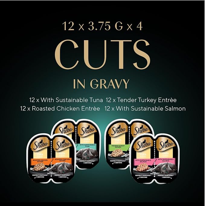 Sheba Perfect Portions Wet Cat Food Cuts in Gravy Variety Pack, Roasted Chicken, Tender Turkey, with Sustainable Salmon, and with Sustainable Tuna, 2.6 oz. Twin-Pack Trays (48 Count, 96 Servings)