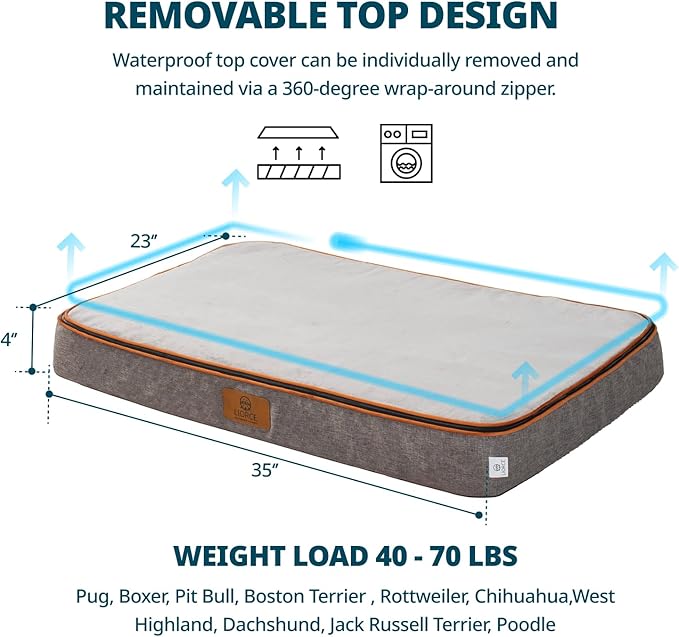 Memory Foam Large Dog Bed - 4” Thick Orthopedic Beds for Large Dogs - Waterproof Dog Bed with Removable Washable Cover & Wrap-Around Zipper - Ultimate Comfort and Easy Maintenance