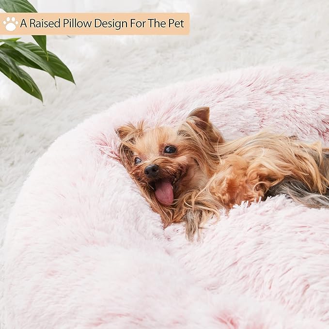 WNPETHOME Calming Dog Bed & Cat Bed Donut, Faux Fur Self-Warming Donut Cuddler, Comfortable Round Plush Pet Beds (27 x 27 x 8 Inch, Light Pink)