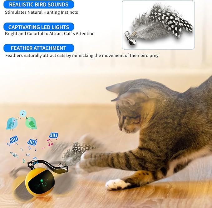 Interactive Cat Ball Toy with Remote Control, Automatic Moving Cat Toys Ball with Feather Tail, Electric Puzzle Toy for Chasing and Hunting (Yellow)