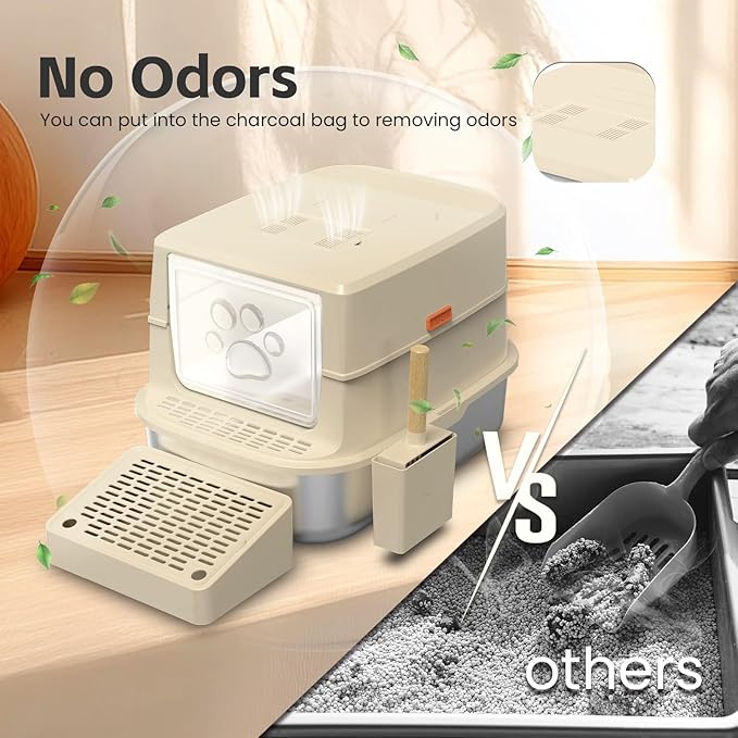 Stainless Steel Cat Litter Box with Lid, 3 in 1 Removable Litter Box for Big/Multiple Cats, High Sides Kitty Litter Pan, Leak-Proof XL Extra Large Enclosed Metal Litter Pan Easy Clean with Scoop & Mat