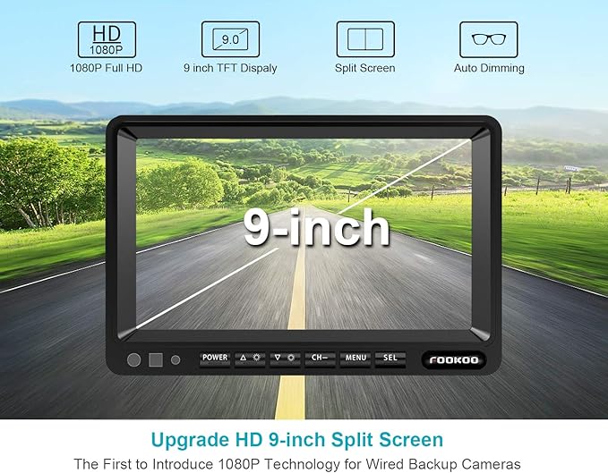 Fookoo Ⅱ HD 1080P 9" Wired Backup Camera System, 9-inch DVR Dual Split Screen Monitor, IP69 Waterproof Rear View Camera for Truck/Trailer/Box Truck/RV, Loop Record, Parking Lines (DY912)