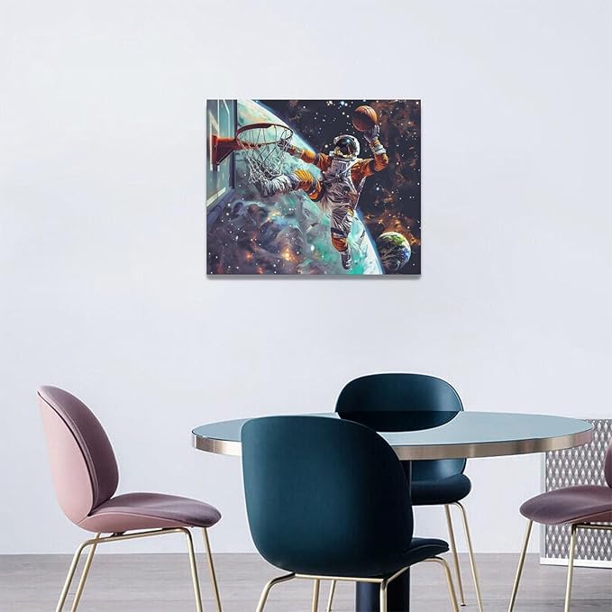 Quorin Astronaut Wall Art Funny Spaceman Basketball Pictures Space Galaxy Planet Wall Decor Canvas Print Painting Artwork for Bathroom Living Room Bedroom 16"x20"