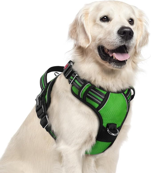rabbitgoo Dog Harness for Large Dogs, No Pull Pet Vest with 3 Buckles, Adjustable Soft Padded Pet Harness with Easy Control Handle and Reflective Strips, Green, XL