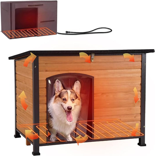 GUTINNEEN Heated Dog House Outdoor 35.5" Large Dog Kennel with Metal Frame Insulated Dog Crate Cage for Large Dogs Outside with Heater and Insulated Liner, Brown