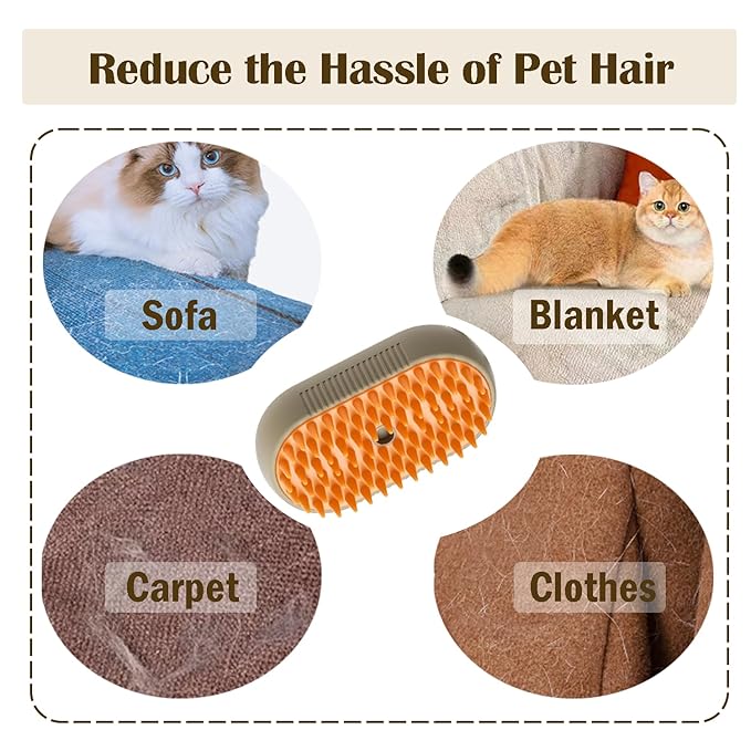 Cat Steam Brush, 3 in 1 Pet Spray Hair Removal Comb, Cats and Dogs Brush for Shedding, Rechargeable Silicone Pet Steam Brushes, Spritz Defur Comb for Massage, Cleaning and Remove Loose Hair - Khaki