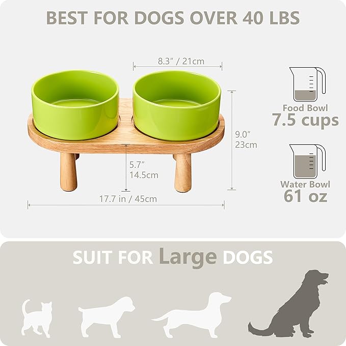Ceramic Elevated Dog Bowls, Pet Food and Water Bowl Set for Large Dogs, 7.5 Cups Dog Bowls Raised with Wood Stand, 61OZ, Green