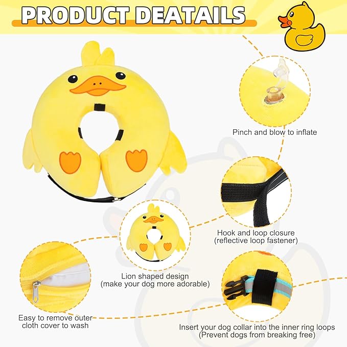 KOOLTAIL Inflatable Dog Cone Collar, Soft Dog Cone Alternative for Large Medium Small Dogs After Surgery, Cute Costume Adjustable Donut Neck Cone for Dogs Cats, Comfortable Recovery E Collar, Duck L