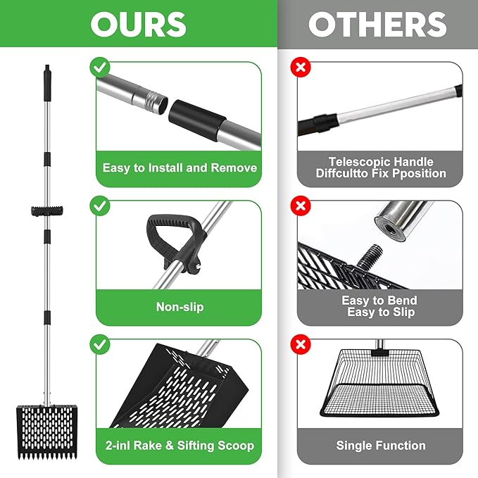 2-in-1 Chicken Poop Scooper & Rake - Adjustable Chicken Coop Scoop with Handle（39、53、67 in），Stainless Steel Shovel Head- Litter Scooper Sand & Sifting Shovel for Chicken Coops