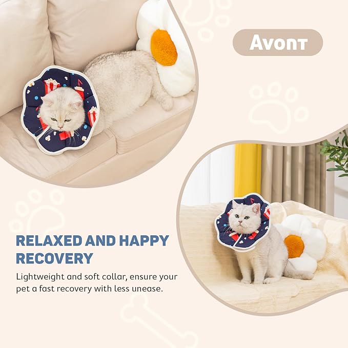 Avont Soft Cat Recovery Cone Collar, Adjustable Lightweight Kitten E-Collar for Small Dogs, Comfortable Neck Donut Stop Licking Scratching After Surgery -Popcorn(L)