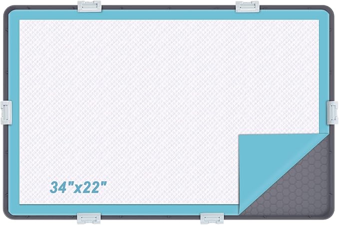 Pee Pad Tray Holder for Dogs, Extra Large Soft Silicone Pet Pad Holder 34" x 22" Pee Pads, Non-Slip High Edge for Leak-Proof Urine, Floor, Cat Litter Mat with Complimentary 6 Clamps