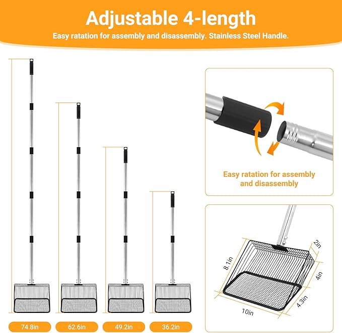 Large Metal Chicken Poop Scooper, 36 to 75" Adjustable Long Chicken Coop Litter Scoop with Stainless Steel Handle, Durable Sand Sifting Litter Shovel for Chicken Coops & Small Farm Animals