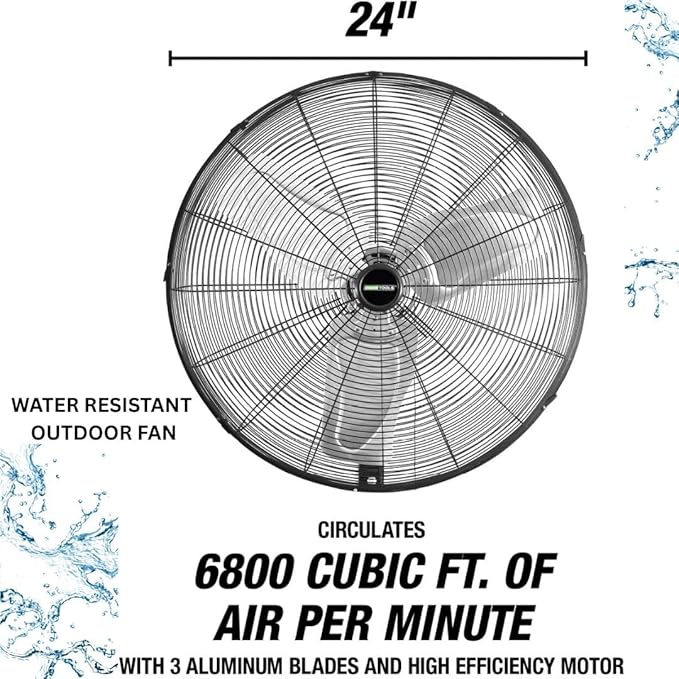 OEMTOOLS 24" Outdoor Wall Mount Fan, 80° Oscillating Fan 6800 CFM Max, Water Resistant, Use in Garage, Gym, Warehouse, Factory and Jobsite