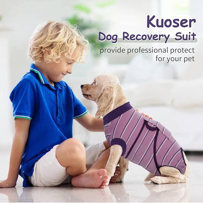 Kuoser Dog Surgery Recovery Suit for Female Male Dogs, Stripes Spay Neuter Anti-Licking Dog Onesie, Abdominal Wounds Surgical Suit Snugly Pet Collar Alternative Post Surgery Vest Bodysuit, Purple M